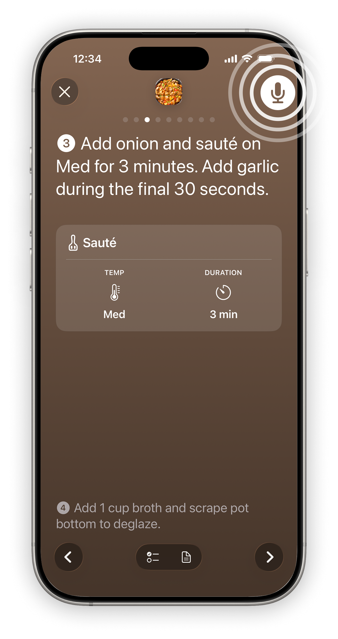 My Timings Cook Mode screen showing step 3, “Add onion and sauté on Med for 3 minutes. Add garlic during the final 30 seconds,” with a Sauté settings card for Med and 3 min, a highlighted microphone button for voice commands, and the next deglaze step previewed below.